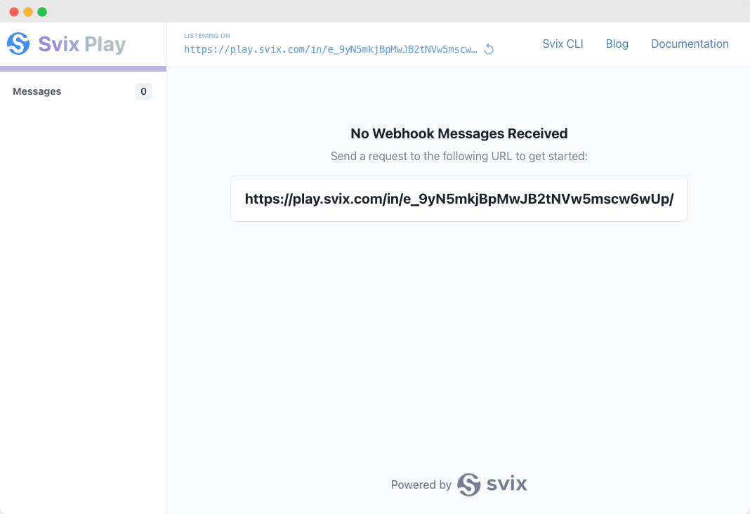 Svix Play webhook tester showing a generated webhook endpoint URL