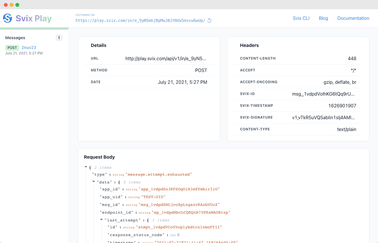 Inspecting a webhook request body, headers, and signature in the Svix Play debugger