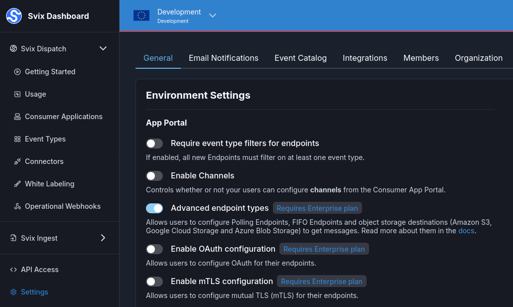 Screenshot of the general settings in the Svix dashboard, With "Advanced endpoint types" toggled on