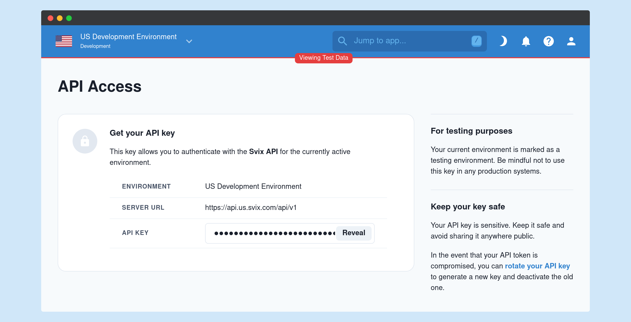 API key and server URL on the dashboard