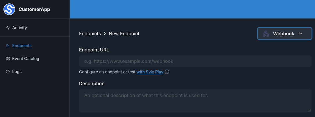 Screenshot highlighting the top-right endpoint type dropdown on the new endpoint page