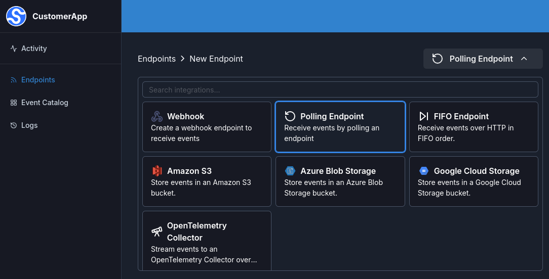 Screenshot highlighting the Polling Endpoint type in the dropdown once opened